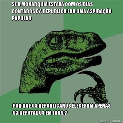 SE A MONARQUIA ESTAVA COM OS DIAS
CONTADOS E A REPUBLICA ERA UMA ASPIRAO
POPULAR POR QUE OS REPUBLICANOS ELEGERAM APENAS
03 DEPUTADOS EM 1889 ?