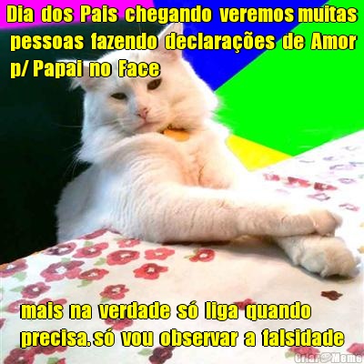 Dia  dos  Pais  chegando  veremos muitas
 pessoas  fazendo  declaraes  de  Amor
 p/ Papai  no  Face  mais  na  verdade  s  liga  quando  
precisa. s  vou  observar  a  falsidade