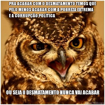 PRA ACABAR COM O DESMATAMENTO TEMOS QUE
PELO MENOS ACABAR COM A POBREZA EXTREMA
E A CORRUPO POLTICA  OU SEJA O DESMATAMENTO NUNCA VAI ACABAR