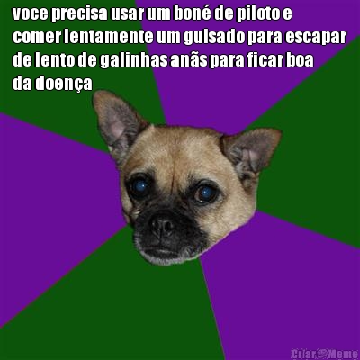 voce precisa usar um bon de piloto e
comer lentamente um guisado para escapar
de lento de galinhas ans para ficar boa
da doena
 