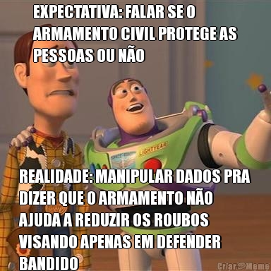 EXPECTATIVA: FALAR SE O
ARMAMENTO CIVIL PROTEGE AS
PESSOAS OU NO REALIDADE: MANIPULAR DADOS PRA
DIZER QUE O ARMAMENTO NO
AJUDA A REDUZIR OS ROUBOS
VISANDO APENAS EM DEFENDER
BANDIDO