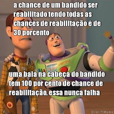 a chance de um bandido ser
reabilitado tendo todas as
chances de reabilitao  de
30 porcento uma bala na cabea do bandido
tem 100 por cento de chance de
reabilitao, essa nunca falha