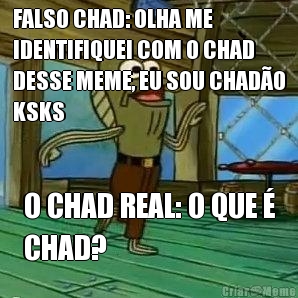 FALSO CHAD: OLHA ME
IDENTIFIQUEI COM O CHAD
DESSE MEME, EU SOU CHADO
KSKS O CHAD REAL: O QUE 
CHAD?