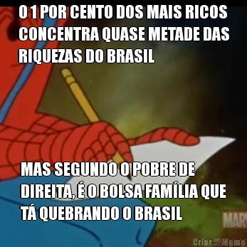 O 1 POR CENTO DOS MAIS RICOS
CONCENTRA QUASE METADE DAS
RIQUEZAS DO BRASIL MAS SEGUNDO O POBRE DE
DIREITA,  O BOLSA FAMLIA QUE
T QUEBRANDO O BRASIL