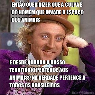 ENTO QUER DIZER QUE A CULPA 
DO HOMEM QUE INVADE O ESPAO
DOS ANIMAIS E DESDE QUANDO O NOSSO
TERRITRIO PERTENCE AOS
ANIMAIS? NA VERDADE PERTENCE A
TODOS OS BRASILEIROS